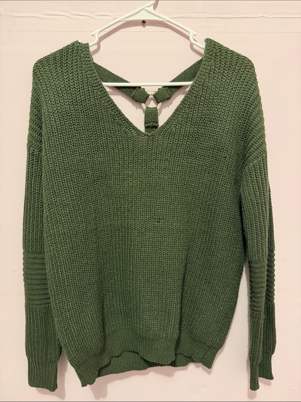 V-Neck Olive Green Knit Sweater - Size Small